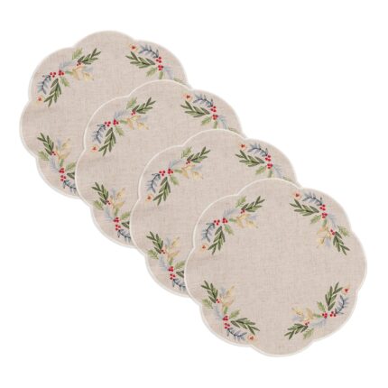 Ucaabnel French Perle Holly Embroidered Placemats - Set Of 4